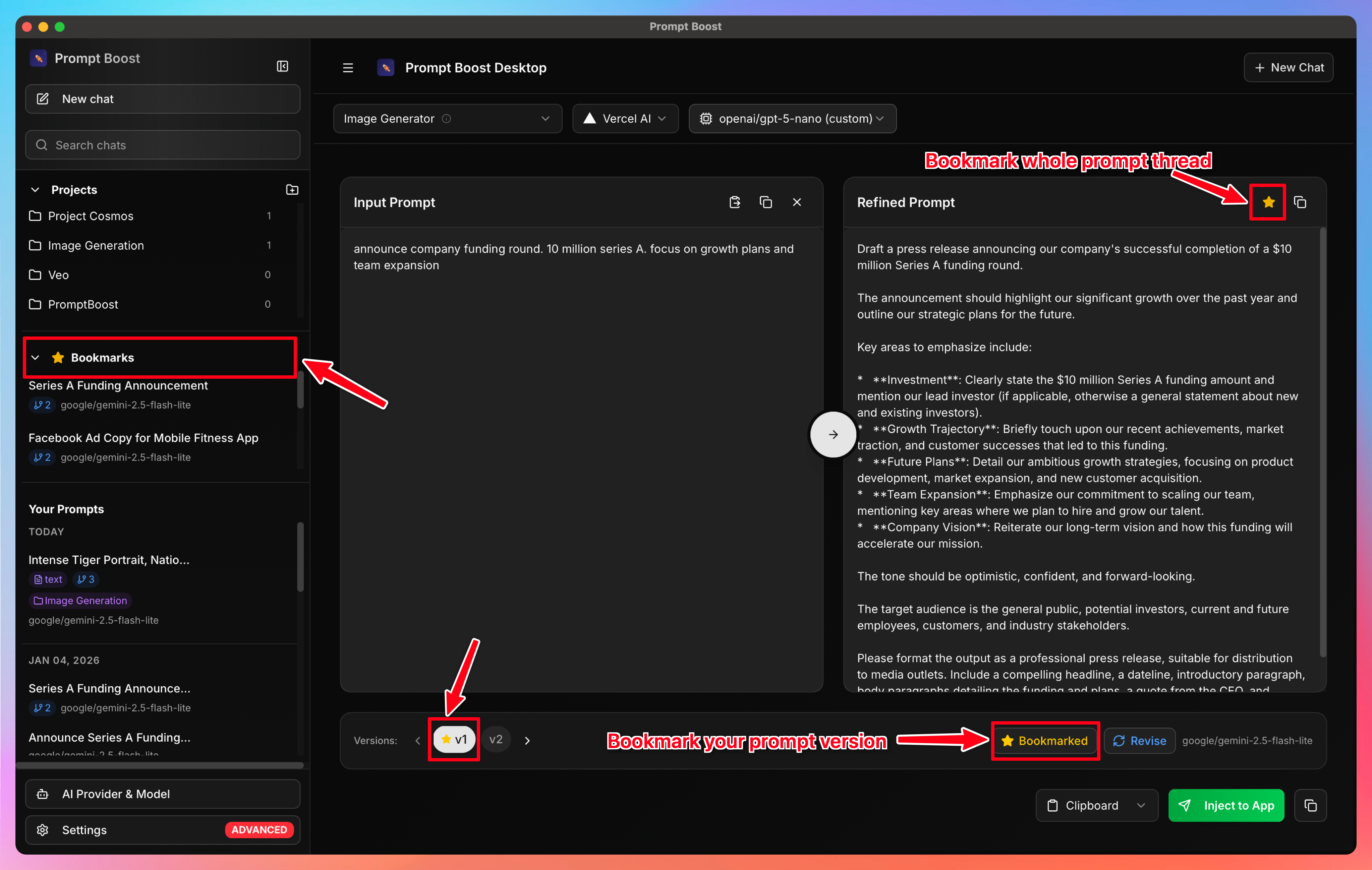 Bookmark your favorite prompts for quick access