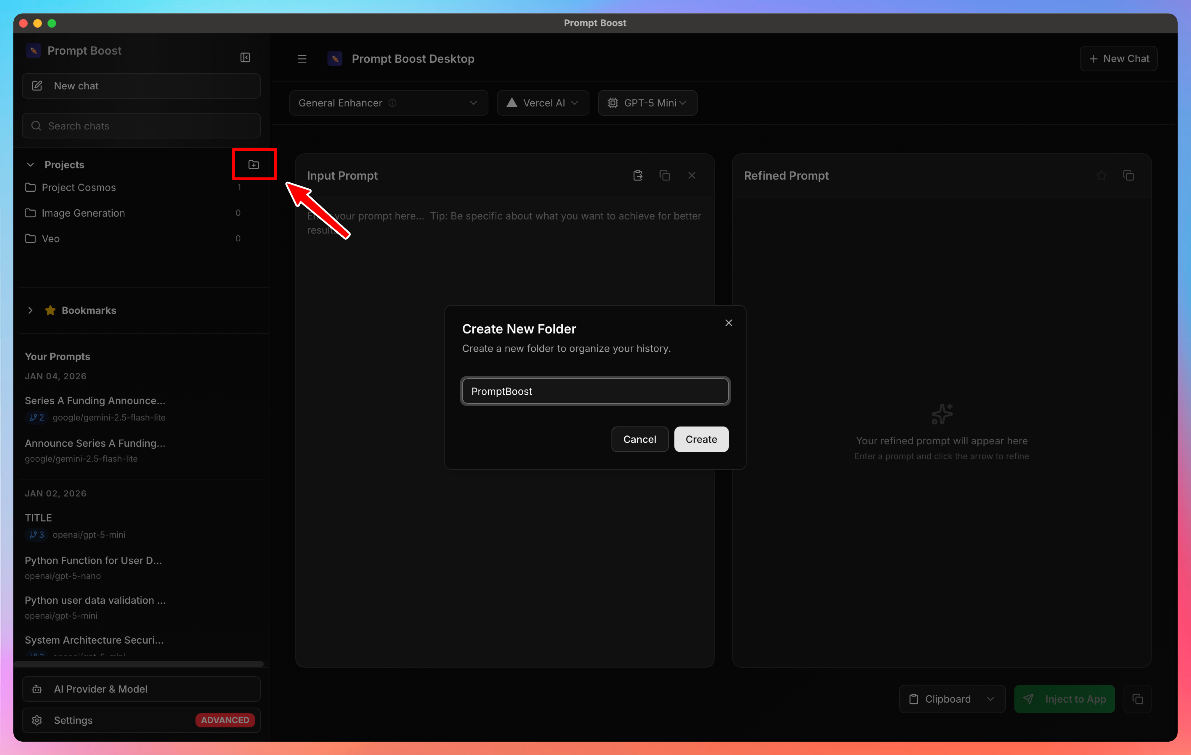 Create folders to organize your prompts by project or category